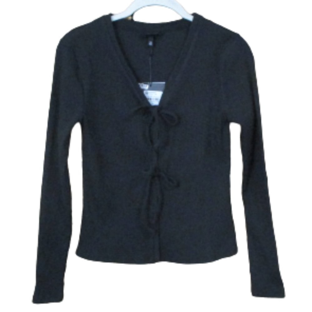 Who What Wear Black Ribbed Knit Long Sleeve Faux Tie Front Top XS